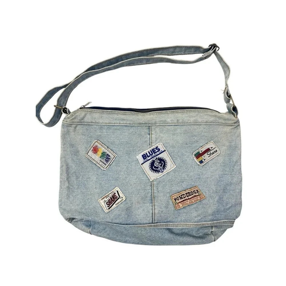 Vintage Shane Patches Retro Denim Bag Purse Zip Closure Adjustable Strap 80s 90s